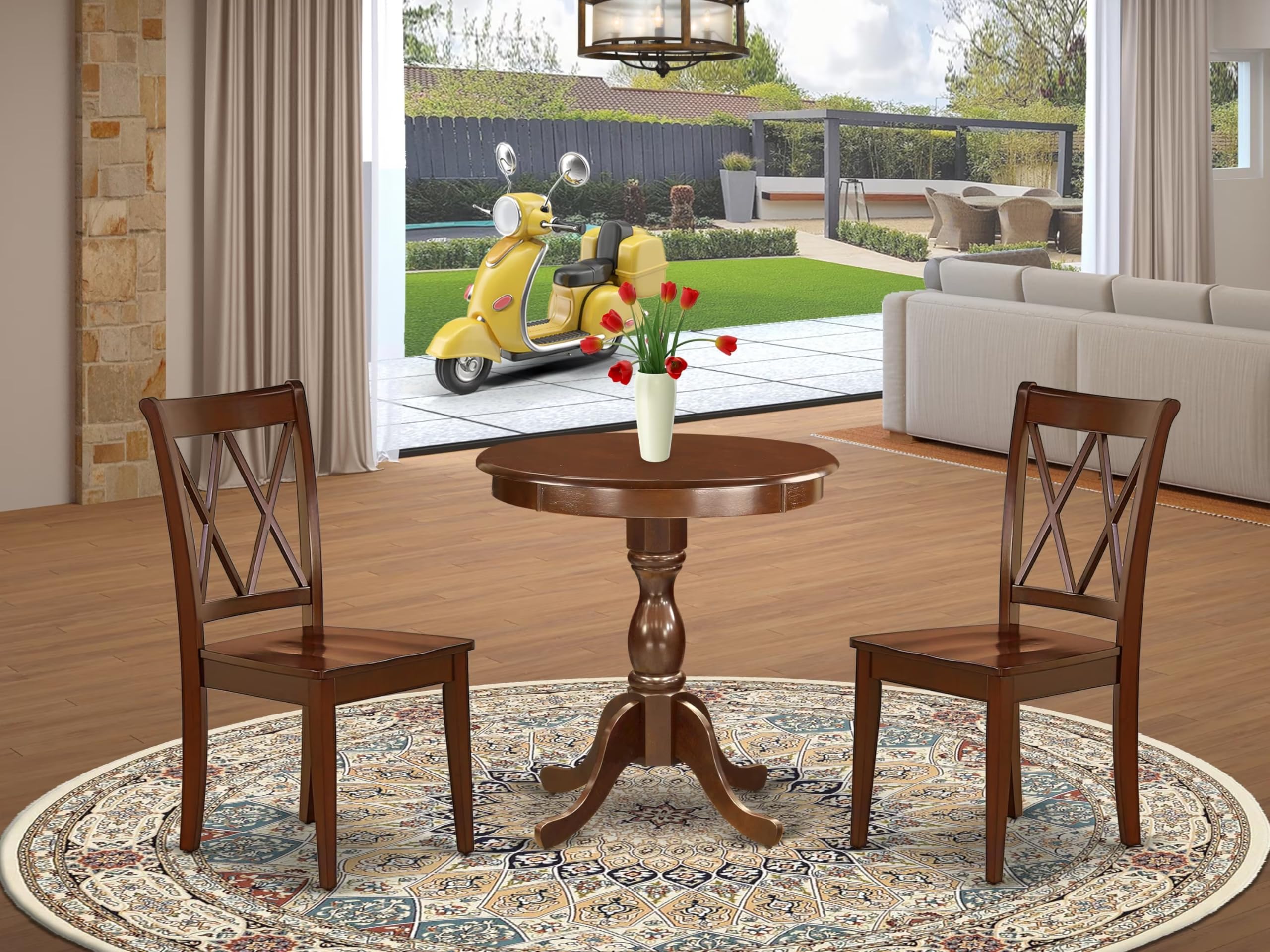 East West Furniture Escl3-Mah-W 3 Piece Dinette Set For Small Spaces Contains A Round Dining Table With Pedestal And 2 Dining Chairs, 30X30 Inch, Mahogany